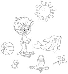 Little boy with a diving mask, flippers, a snorkel and a set of funny beach toys for summer vacation by a sea, black and white outline vector cartoon illustration for a coloring book page