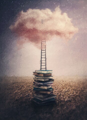 Wonderful painting of a dreamy land of knowledge to the way of wisdom. Imaginary world, educational concept. A stack of books and a ladder leading up to a pink cloud in the sky. - obrazy, fototapety, plakaty