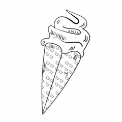 Doodle ice cream illustration. Picnic vector icon set. Tasty dessert. Black line on white background.