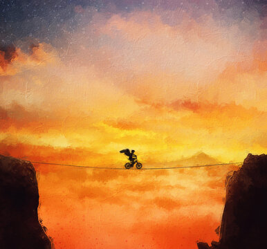 Alluring painting with an adventurer person slacklining on a bicycle over the chasm. Boy dreamer with angel wings on his back take a risk overcoming his fears. Beautiful sunset landscape