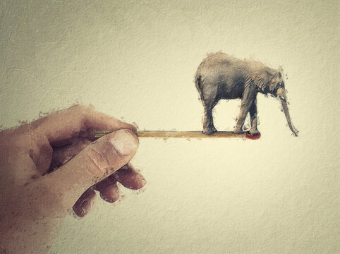 Surreal painting with a tiny elephant balancing on the edge of a matchstick in a person hand. Bizarre concept, endangered animals depends on human behavior