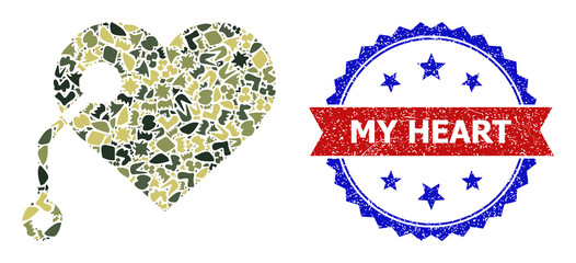 Military camouflage mosaic of pacemaker icon, and bicolor grunge My Heart seal. Vector imprint with My Heart tag inside red ribbon and blue rosette, unclean bicolored style.