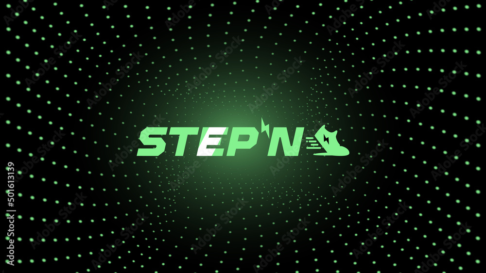 Wall mural stepn company logo icon in the center of spiral of glowing green dots on dark background. web3 runni