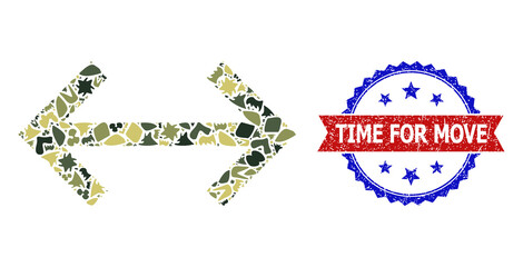 Military camouflage mosaic of exchange arrows icon, and bicolor unclean Time for Move seal stamp. Vector seal with Time for Move text inside red ribbon and blue rosette, grunge bicolored style.