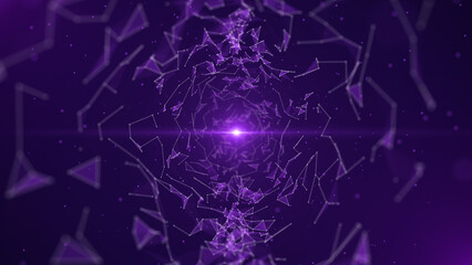 Abstract purple background. A futuristic tunnel of moving lines and dots. Network connection. Internet connection worldwide. Visualization of big data. 3d rendering.