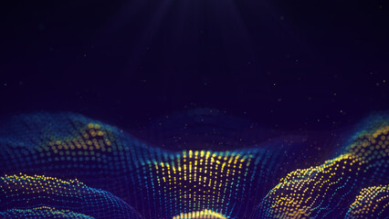 Futuristic glowing wave. The concept of big data. Network connection. Cybernetics. Abstract dark background of dots connected by lines. Digital landscape. 3d rendering.