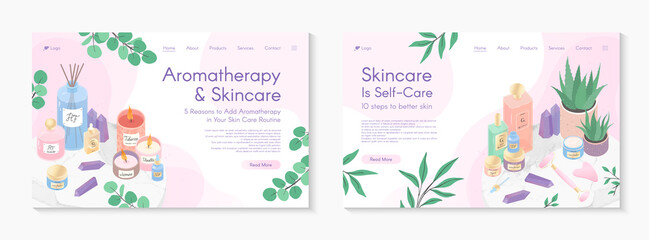 Fototapeta na wymiar Web page design templates for aromatherapy treatment,skin care tutorial,spa,wellness,massage,cosmetics,self care.Vector illustrations concept for website,mobile website.Landing page layouts.