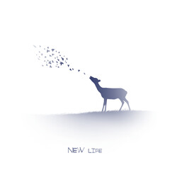 Deer roaring. Flying bird. Endangered animal. Isolated blue silhouette