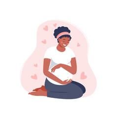Happy pregnant black woman holds her belly isolated on pink. Pregnancy female sitting with pink hearts. Vector flat illustration. Concept of maternity and healthy lifestyle for banner, landing page
