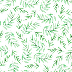 Naklejka na ściany i meble Watercolor floral seamless pattern with green twigs, leaves, herbs. Best for wedding invitations, fabric, wallpaper, wrapping paper, greeting cards