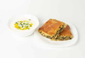 The most traditional Albanian, Balkans food. Spinach pie and yogurt (Byrek me Spinaq, tarator) 