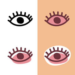 Set of doodle hand drawn eye icons on the white and pink colors on the peach and white background for web, stickers and design