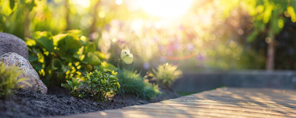 Beautiful spring garden in the sun in a blurred background. Spring gardening concept - 501614521