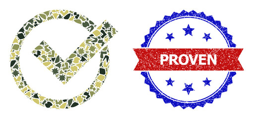 Military camouflage collage of accept icon, and bicolor unclean Proven stamp. Vector watermark with Proven caption inside red ribbon and blue rosette, corroded bicolored style.