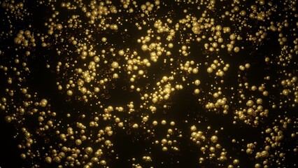Abstraction of gold particles similar to a cluster of stars in space. Golden spheres are located freely.