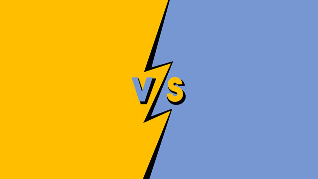A side (orange) versus another (cyan), represented as a split screen in a bold cartoonish style with a lightning in the middle, the text VS and copy space (blank).
