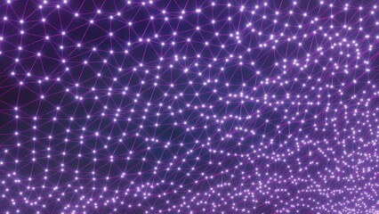 Purple neural grid of triangles in black empty space. Grid for the whole frame.
