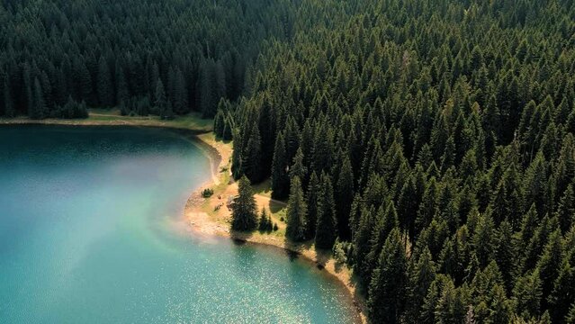 Montenegro. Zabljak. Durmitor National Park. Popular tourist spot. Black lake surrounded by green coniferous forest. Drone. Aerial view. The camera moves forward