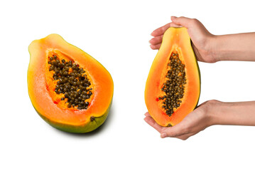 Papaya fruit isolated on a white background. Tropical fruit. Half papaya.