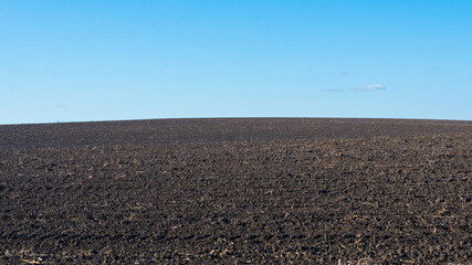 Ploughed field and blue sky as background.