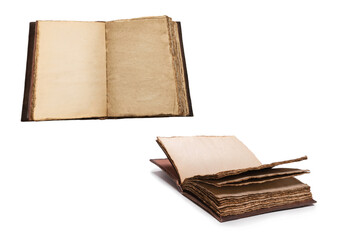 An open empty old notebook isolated on a white background.