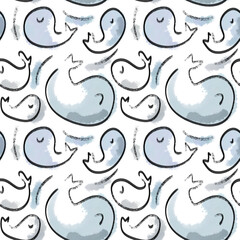 Hand-drawn Fish Whales. Seamless children's pattern for the design of fabric, paper, wallpaper. Simple Line art on a white background.