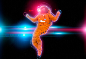 astronaut explorer is floating on glowing edge background