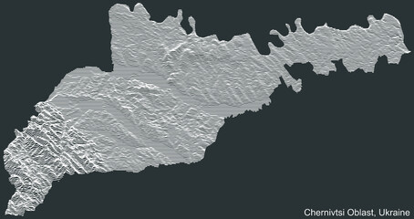 Topographic negative relief map of the Ukrainian administrative area  of CHERNIVTSI OBLAST, UKRAINE with white contour lines on dark gray background