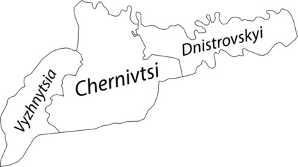 White flat vector map of raion areas of the Ukrainian administrative area of CHERNIVTSI OBLAST, UKRAINE with black border lines and name tags of its raions