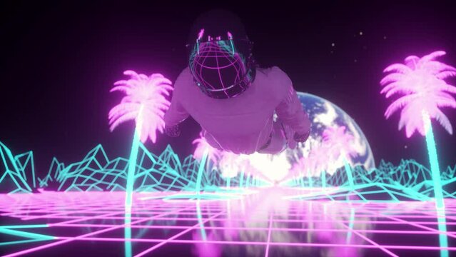 Astronaut surrounded by flashing neon lights. Music and nightclub concept. Retro 80s style synthwave background