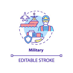 Military concept icon. Armed forces. State defence. Social institution abstract idea thin line illustration. Isolated outline drawing. Editable stroke. Arial, Myriad Pro-Bold fonts used