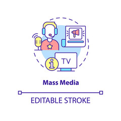 Mass media concept icon. Large audience communication. Social institution abstract idea thin line illustration. Isolated outline drawing. Editable stroke. Arial, Myriad Pro-Bold fonts used