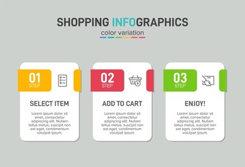 Concept of shopping process with 3 successive steps. Three colorful graphic elements. Timeline design for brochure, presentation, web site. Infographic design layout.