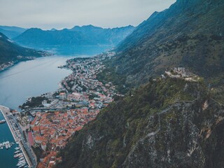 Fototapeta na wymiar Drone views of Kotor's Old Town in Montenegro