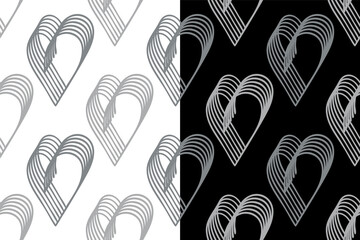 Heart shape, Geometrical volumetric seamless pattern. Ornamental futuristic surface layer in grey tones color. Hand drawn paint brush lines. Black or white easy editable color background. Vector