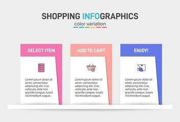 Concept of shopping process with 3 successive steps. Three colorful graphic elements. Timeline design for brochure, presentation, web site. Infographic design layout.