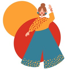 Raster illustration with the image of a girl in a T-shirt and trousers against the background of two circles to insert text. A girl with blond hair is bright, soft and gentle. For collage, design