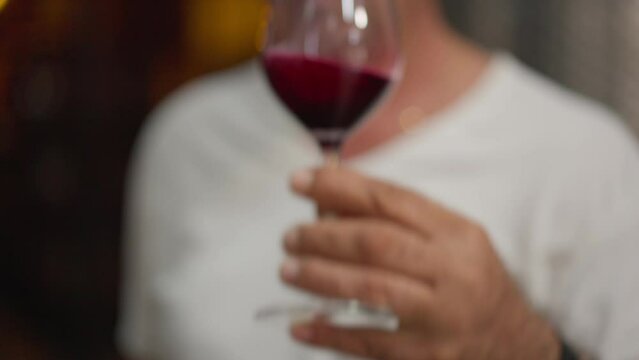 Male hand spinning wineglass in slow motion tasting beverage indoors. Unrecognizable expert sommelier drinking tasty red wine in restaurant. Viniculture concept