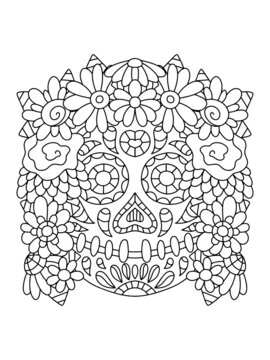 Hand-drawn skull with flower wreath coloring page for adults vector illustration. Decorative skeleton linear print for Dia de Muertos. Black outline ornamental skull isolated on white vector