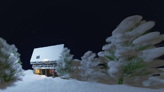 Christmas house in the snow. Christmas winter background. Cozy house in the middle of the forest with frozen pine trees in the night. 4K video animation 3d render illustration.