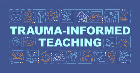 Trauma informed teaching word concepts dark blue banner. Education trend. Infographics with icons on color background. Isolated typography. Vector illustration with text. Arial-Black font used - obrazy, fototapety, plakaty