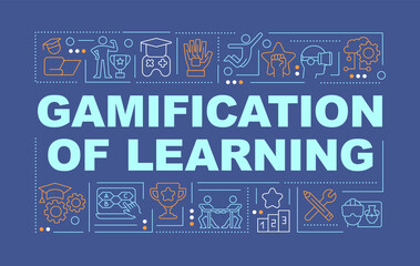 Fototapeta premium Gamification of learning word concepts dark blue banner. Education innovation. Infographics with icons on color background. Isolated typography. Vector illustration with text. Arial-Black font used