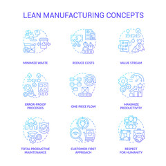 Lean manufacturing blue gradient icons set. Machine industry. Continuous production principles idea thin line color illustrations. Isolated symbols. Roboto-Medium, Myriad Pro-Bold fonts used
