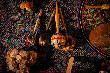 Sao Paulo, SP, Brazil - Aprilr 17 2022: Ceremony altar with shipibo fabric, florida water and...