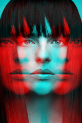 Woman with bob haircut long dark hair close-up fashion portrait in RGB color split. RGB effect make reflection of model face in red and blue colors. Abstract and futuristic looking style - obrazy, fototapety, plakaty