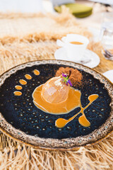 Warm backed Pear desert with caramel sauce 