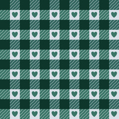 Seamless green Vichy check pattern with hearts. Pattern for flannel fabric. Gingham print for plaid, shirt or tablecloth.