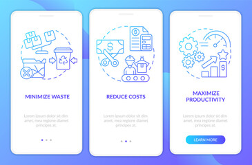 Lean manufacturing purpose blue gradient onboarding mobile app screen. Walkthrough 3 steps graphic instructions pages with linear concepts. UI, UX, GUI template. Myriad Pro-Bold, Regular fonts used
