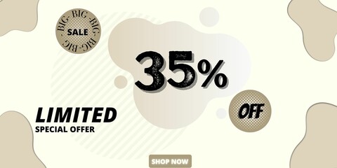 35% off limited special offer. Banner with thirty five percent discount on a  white background with grey shapes abstract