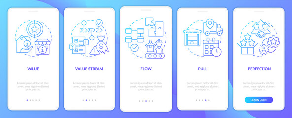 Lean production key principle blue gradient onboarding mobile app screen. Walkthrough 5 steps graphic instructions pages with linear concepts. UI, UX, GUI template. Myriad Pro-Bold, Regular fonts used